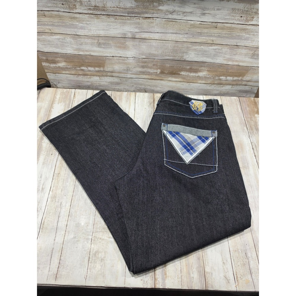 Attitude Gold Mens Dark Wash Wide Leg Baggy Jeans Contrast Stitch 36x30 Y2K HEM